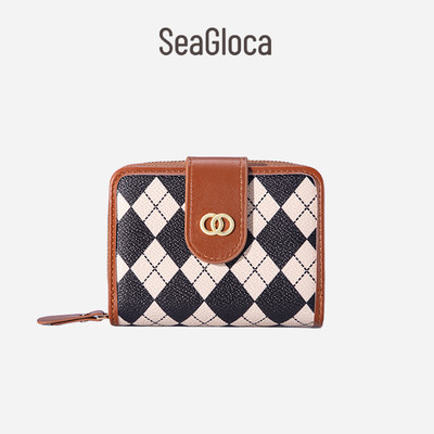 SEAGLOCA Ví nữ vải canvas sọc ca rô nhiều ngăn có khóa kéo phong cách hàn quốc 1234