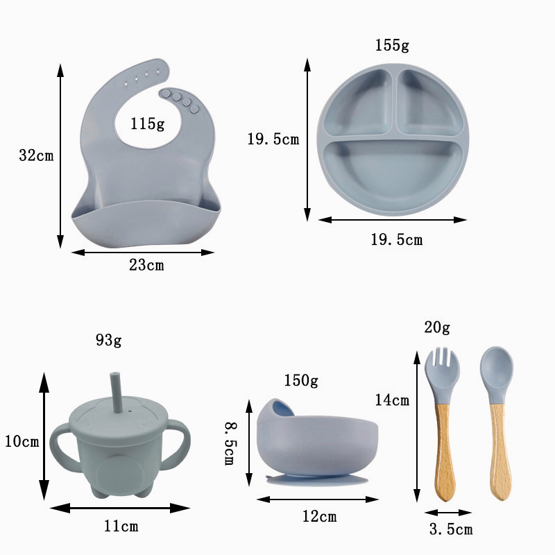 Bộ tập ăn cho trẻ em, bát hút silica gel cho trẻ sơ sinh, bộ 8-piece