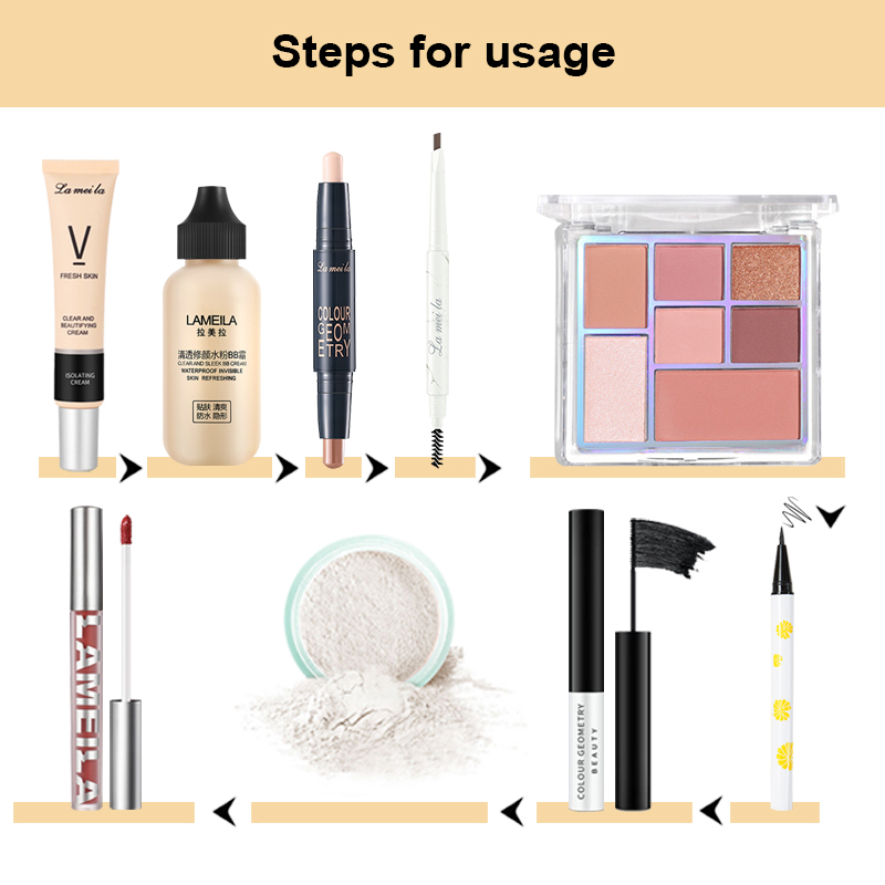 Bộ mỹ phẩm 9 món LAMEILA son môi lì+Mascara+chì kẻ mày+kẻ mắt+tạo đường viền+phấn mắt 7 màu+phấn phủ+kem nền+kem lót