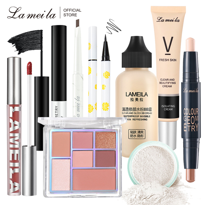 Bộ mỹ phẩm 9 món LAMEILA son môi lì+Mascara+chì kẻ mày+kẻ mắt+tạo đường viền+phấn mắt 7 màu+phấn phủ+kem nền+kem lót