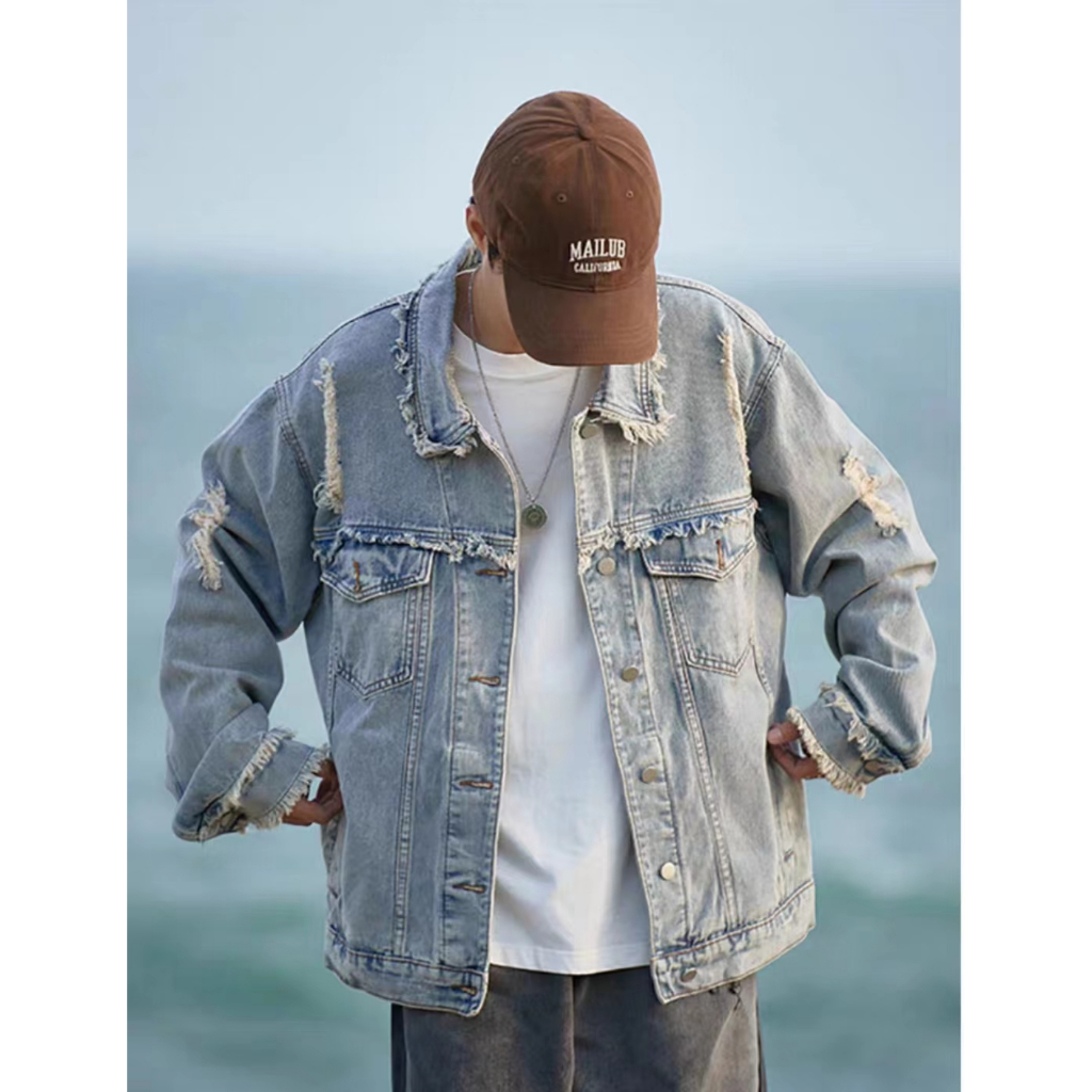 Áo Khoác Denim Viền Rách Phong Cách Vintage Thời Trang Cho Nam Thời Trang Áo Khoác Jean Nam From Rộng Áo Khoác Cặp Nam Nữ Simple Áo Khoác Trơn Áo Khoác Nam Có Cổ
