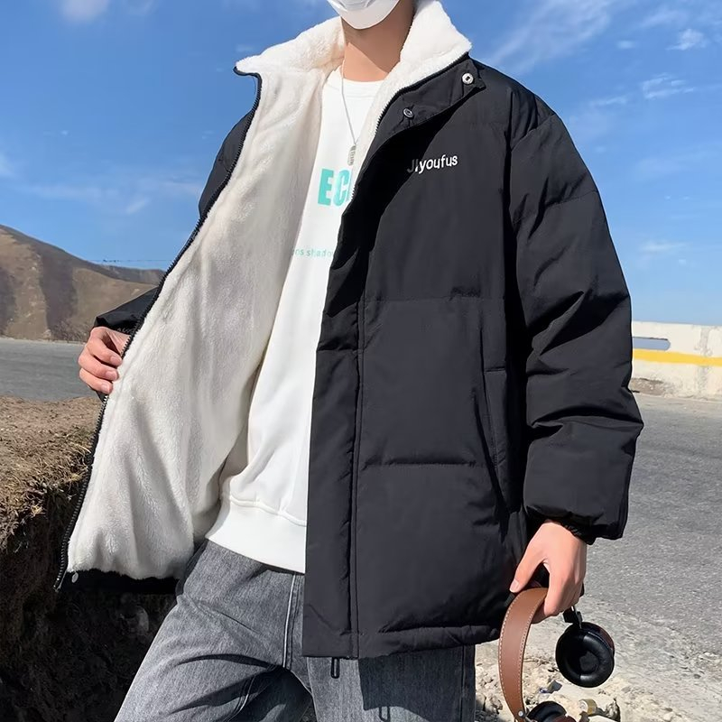 Áo Khoác Phao Lót Lông Cừu Dày Dặn Dáng Rộng Thời Trang Mùa Đông Hàn Quốc Cho Nam Giới