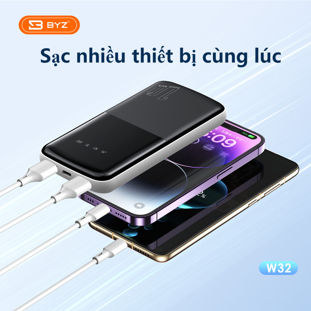 Sạc dự phòng BYZ W32 10000mAh 2 cổng USB và 1 đầu vào type C hỗ trợ sạc nhanh
