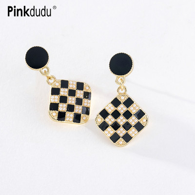 Khuyên tai Pinkdudu PD1370 họa tiết caro hợp kim tráng men phong cách Hàn Quốc thời trang cao cấp dành cho nữ