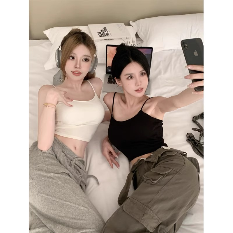 Áo 2 dây bản to , áo 2 dây croptop có mút ngực chất cao cấp co dãn Áo Hai Dây Có Đệm