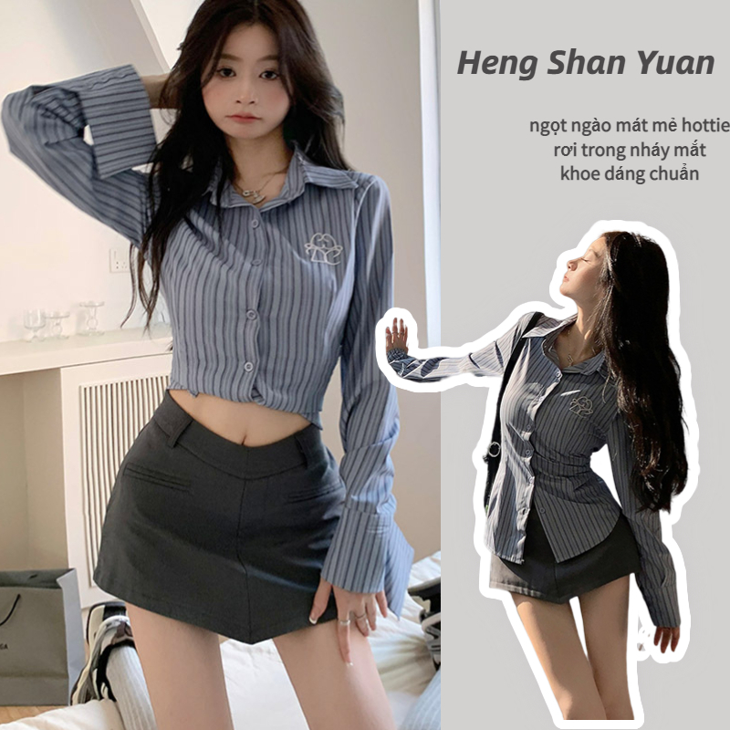 Set Áo Sơ Mi Tay Dài Kẻ Sọc Thêu Họa Tiết + Chân Váy Ngắn Lưng Cao Chữ v Thời Trang Cho Nữ