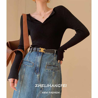 Zhelihangfei áo len cổ chữ v dáng ôm màu xanh dương phong cách pháp thời trang cho nữ