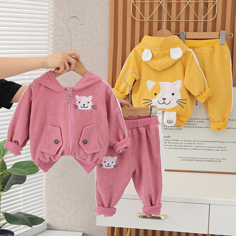 Set Đồ 2 Món Gồm Áo Hoodie Bằng Vải Nhung Cotton In Hình Mèo Kèm Quần