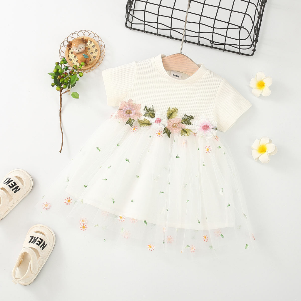 Đầm Công Chúa Mùa Hè Tay Cộc Phối Lưới Họa Tiết Hoa Kẻ Sọc Hợp Thời Trang Lãng Mạn Phong Cách Âu Mỹ Cho Bé Gái