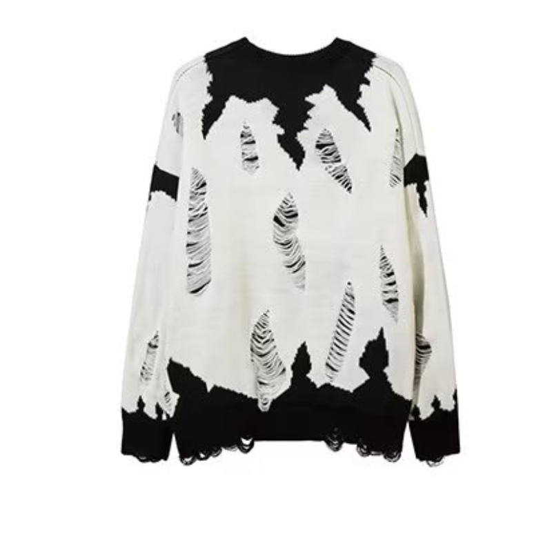 Áo Sweater Dệt Kim Tay Dài Dáng Rộng Màu Trắng Đen Phối Rách Thời Trang Xuân Thu Cho Nam Và Nữ
