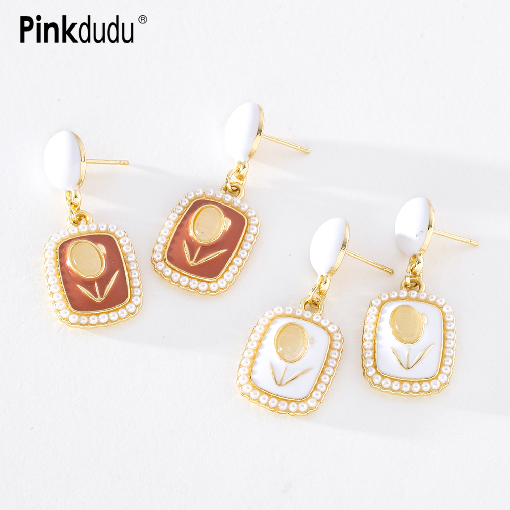 Khuyên tai PINKDUDU PD1369 hợp kim tráng men kiểu hoa tulip mắt mèo phong cách Hàn Quốc thời trang dành cho nữ