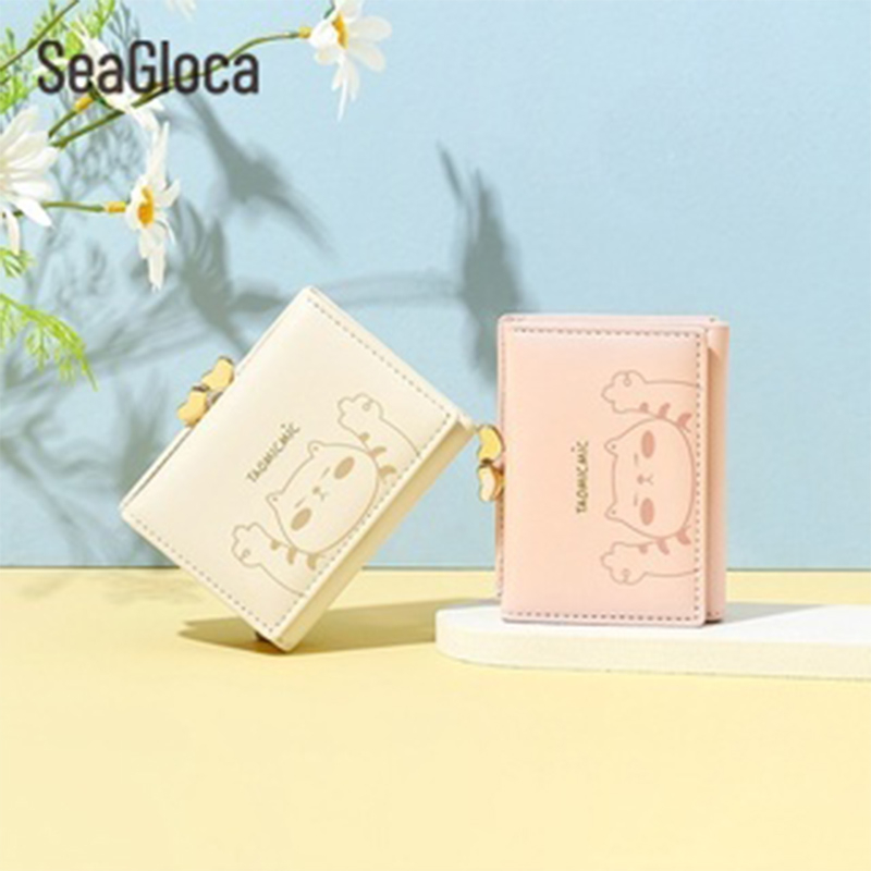 Ví Ngắn Gập Làm Ba Đựng Thẻ In Hình Mèo Đơn Giản Thời Trang Phong Cách Hàn Quốc Cho Nữ