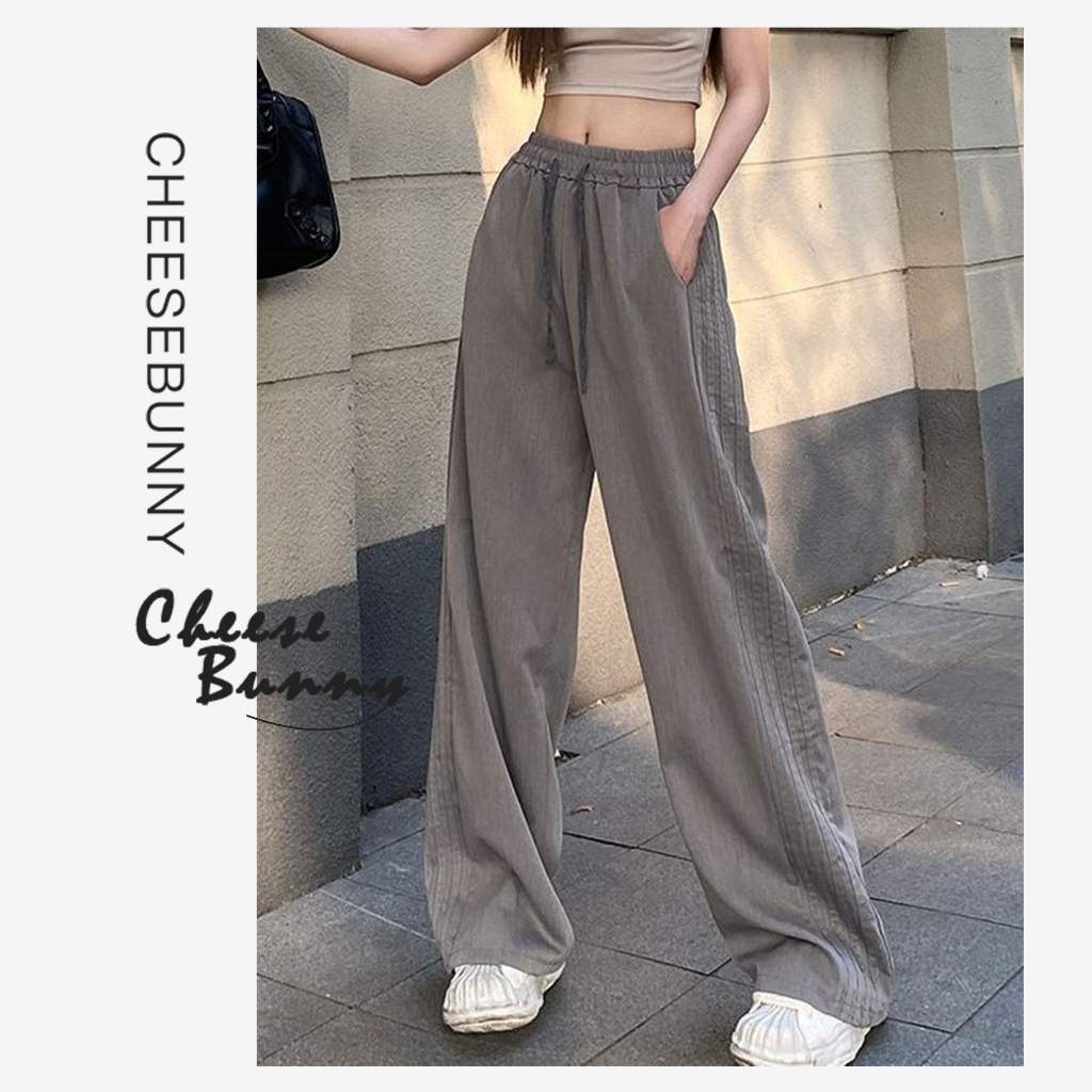 CheeseBunny Quần ống rộng Họa Tiết Kẻ Sọc Phong Cách Thể Thao Thời Trang Mùa Hè Kiểu Mới