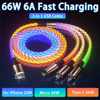 Dây cáp sạc 6a 3 trong 1 66w rgb micro usb type-c dành cho điện thoại android