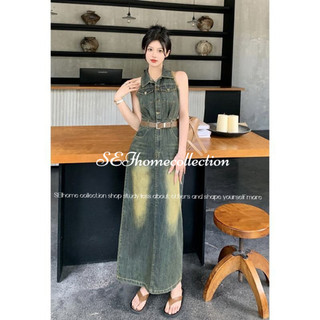 Retro Hong Kong style denim vest dress women's summer New lapel closed waist contrast color sheath skirt split long skirt