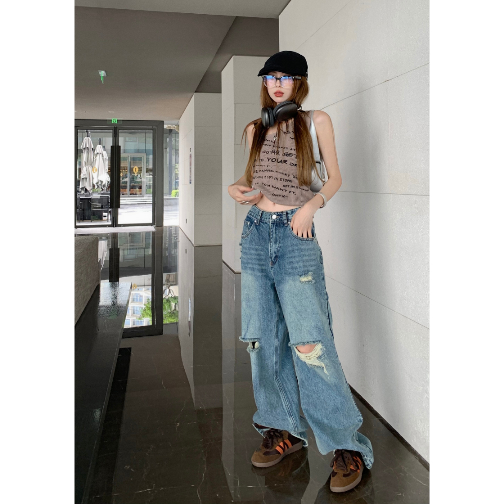 【JMWOMEN】Quần Denim Rách Phong Cách Retro Cho Nữ