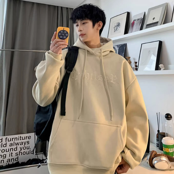 Áo Hoodie Màu Trơn Dáng Rộng Thêu Họa Tiết Phong Cách Hàn Quốc Thời Trang Cho Nam