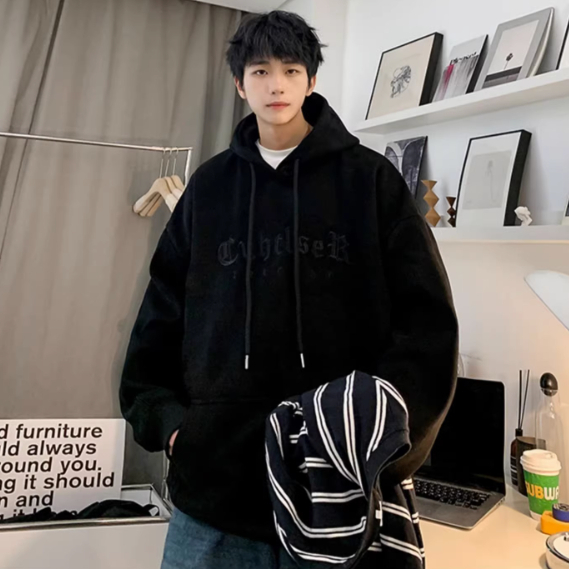 Áo Hoodie Màu Trơn Dáng Rộng Thêu Họa Tiết Phong Cách Hàn Quốc Thời Trang Cho Nam