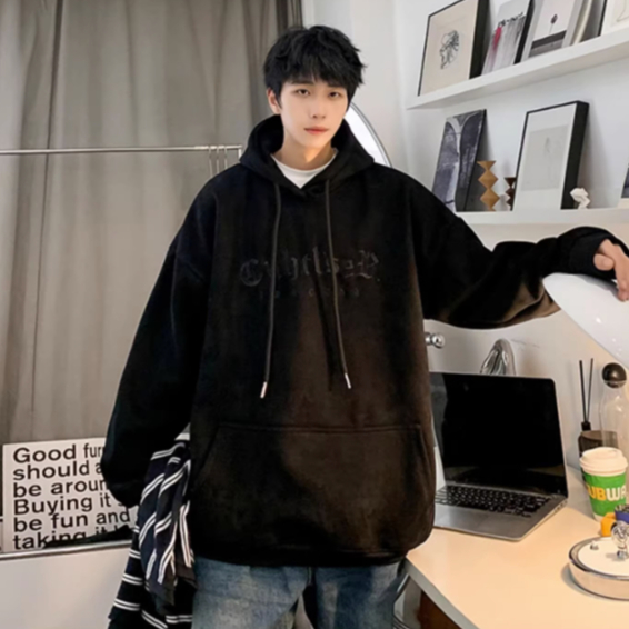Áo Hoodie Màu Trơn Dáng Rộng Thêu Họa Tiết Phong Cách Hàn Quốc Thời Trang Cho Nam