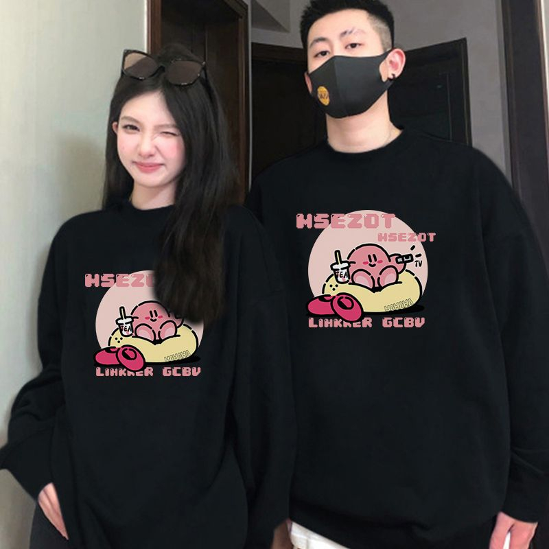 ihkke Áo Khoác Nỉ Đen Cổ Thuyền 100% cotton Cỡ Lớn Kirby the Star Thời Trang Hàn Quốc Cho Cặp Đôi