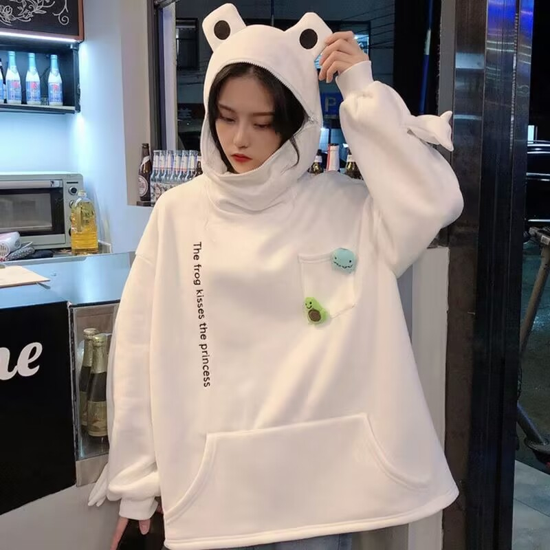 TINGYAXIU Áo sweater Chui Đầu Dáng Rộng In Hoạt Hình Ếch Vui Nhộn Thời Trang Thu Đông Cho Các Cặp Đô