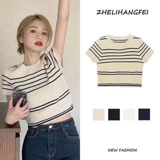 ZHELIHANGFEI Áo dệt kim ngắn tay họa tiết kẻ sọc phong cách Hàn Quốc