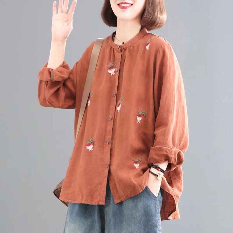 Áo Sơ Mi cotton Lanh Thêu Họa Tiết Phong Cách Hàn Quốc Cổ Điển Thời Trang Xuân Thu Mới size Lớn Cho Nữ (Có size Lớn)