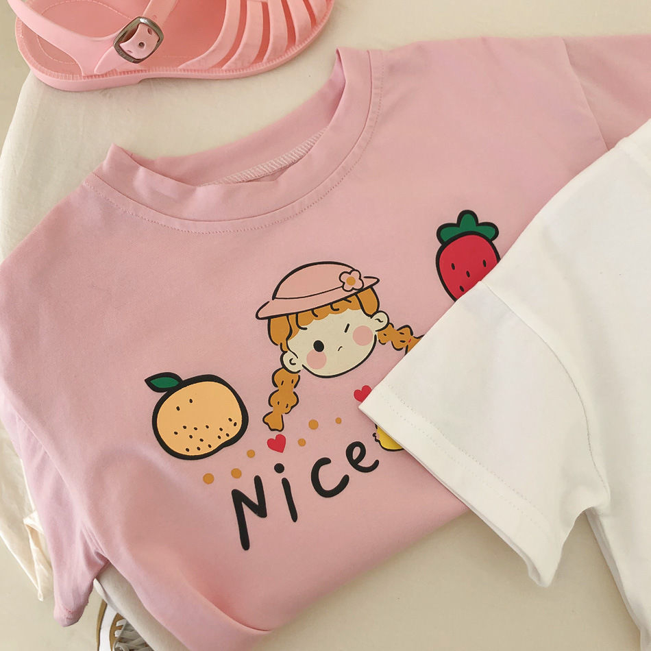 Áo thun ngắn tay cổ tròn dễ thương và ngọt ngào phiên bản Hàn Quốc dành cho bé gái