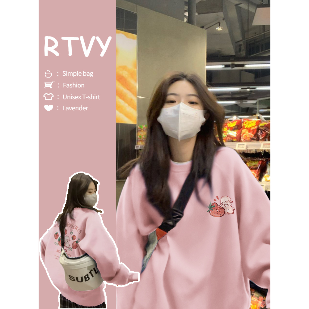 【RTVY】Áo Sweatshirt Tay Dài Cổ Tròn Mỏng Màu Hồng In Họa Tiết Dâu Tây Phong Cách Hàn Quốc Ngọt Ngào Cho Nữ