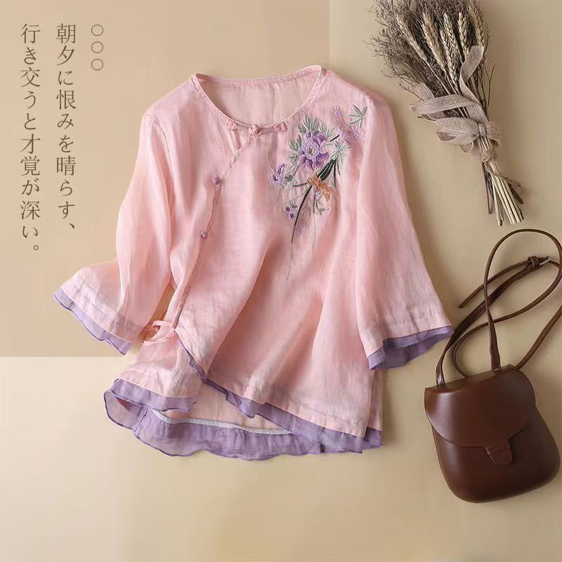 Áo Sơ Mi Vải Lanh Cotton Tay 3 / 4 Thêu Họa Tiết Phong Cách Trung Hoa Cổ Điển Thời Trang Mùa Hè Hàng Mới