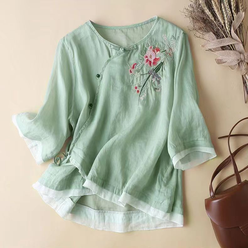 Áo Sơ Mi Vải Lanh Cotton Tay 3 / 4 Thêu Họa Tiết Phong Cách Trung Hoa Cổ Điển Thời Trang Mùa Hè Hàng Mới