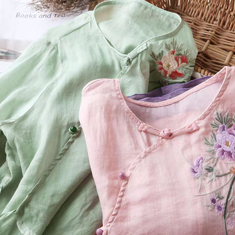 Áo Sơ Mi Vải Lanh Cotton Tay 3 / 4 Thêu Họa Tiết Phong Cách Trung Hoa Cổ Điển Thời Trang Mùa Hè Hàng Mới