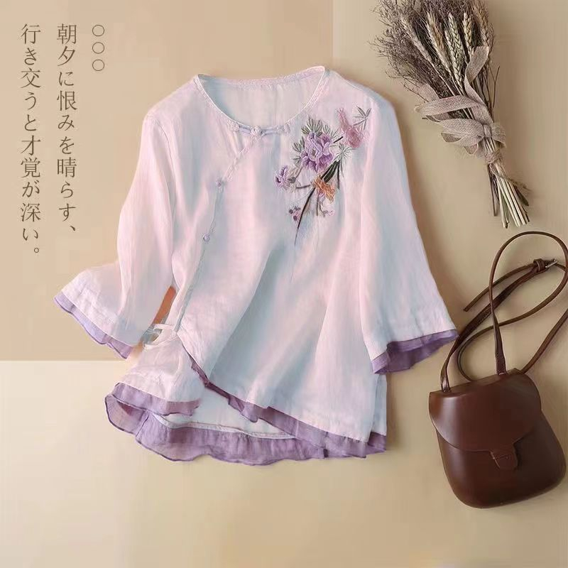 Áo Sơ Mi Vải Lanh Cotton Tay 3 / 4 Thêu Họa Tiết Phong Cách Trung Hoa Cổ Điển Thời Trang Mùa Hè Hàng Mới