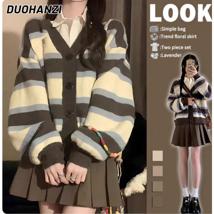 DUOHANZI  Áo Khoác cardigan Dệt Kim Cổ Chữ v Dáng Rộng Thời Trang Mùa Thu Hàng Mới Dành Cho Bạn Nữ