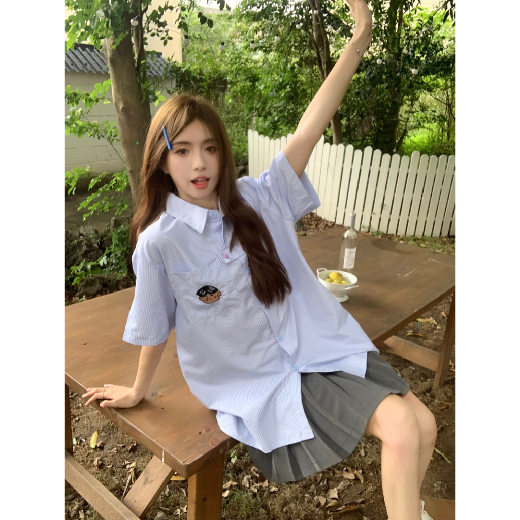 LIVE GREAT Áo Thun Ngắn Tay Họa Tiết Kẻ Sọc Màu Xanh Dương Phong Cách Hàn Quốc Thời Trang Mùa Hè Mới Cho Nữ