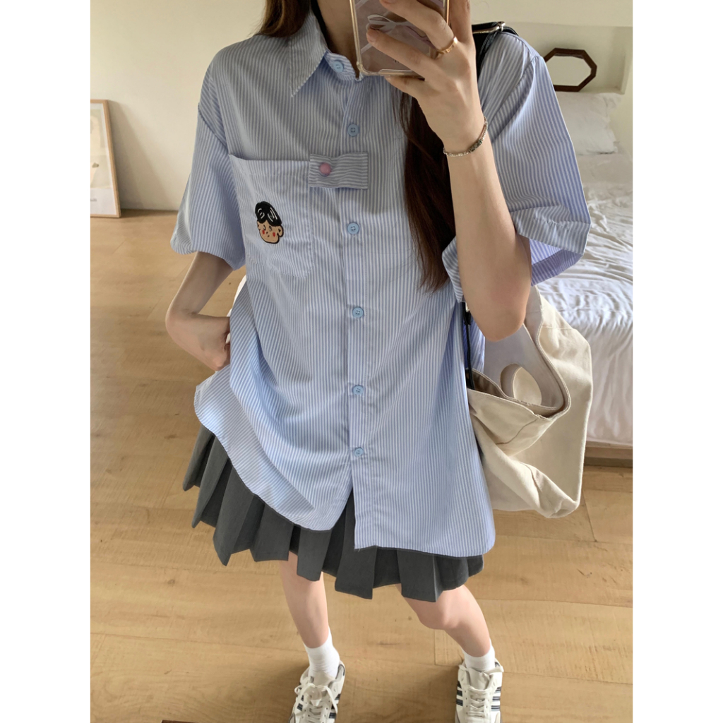 LIVE GREAT Áo Thun Ngắn Tay Họa Tiết Kẻ Sọc Màu Xanh Dương Phong Cách Hàn Quốc Thời Trang Mùa Hè Mới Cho Nữ