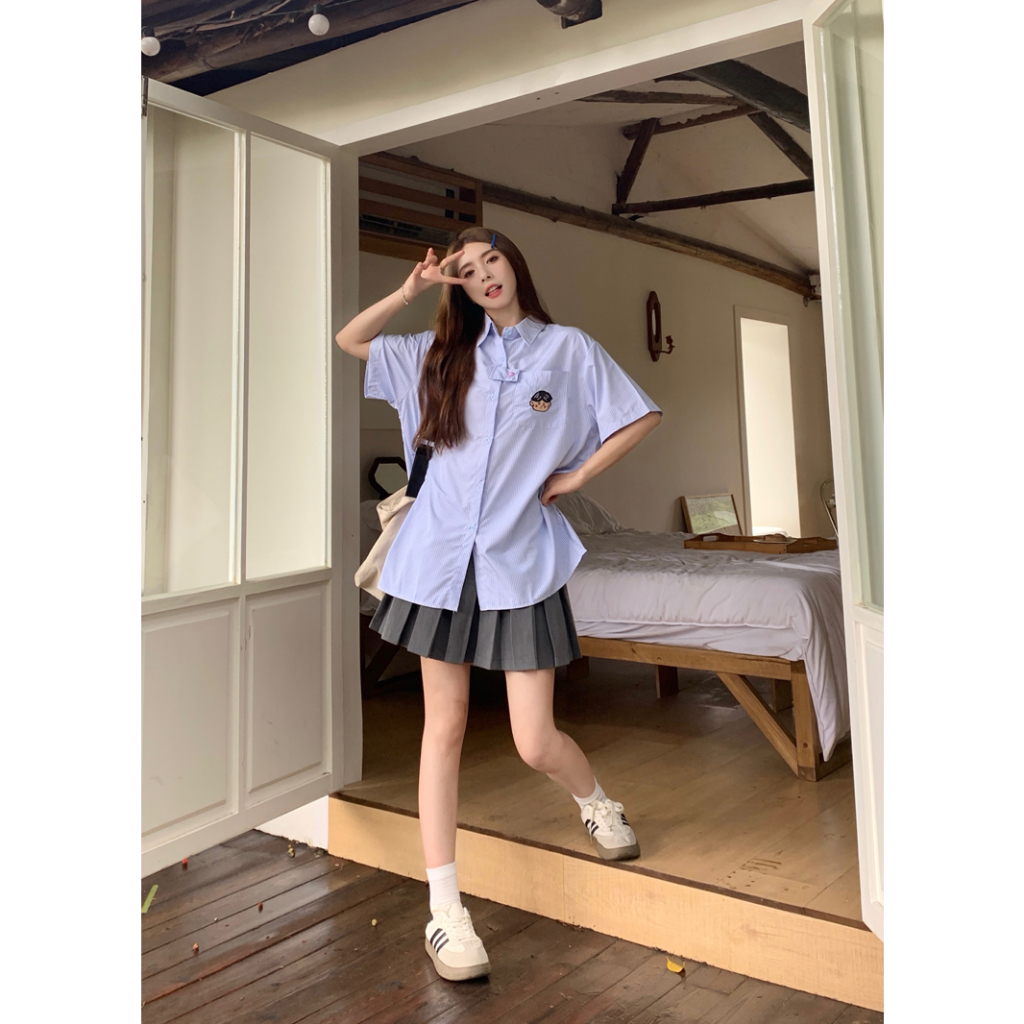 LIVE GREAT Áo Thun Ngắn Tay Họa Tiết Kẻ Sọc Màu Xanh Dương Phong Cách Hàn Quốc Thời Trang Mùa Hè Mới Cho Nữ