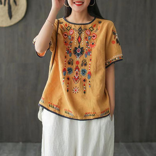 Áo Thun cotton Mỏng Dáng Rộng Tay Ngắn Thêu Họa Tiết Thổ Cẩm Phong Cách retro Mùa Hè Kích Thước Lớn Cho Nữ (Có size Lớn)