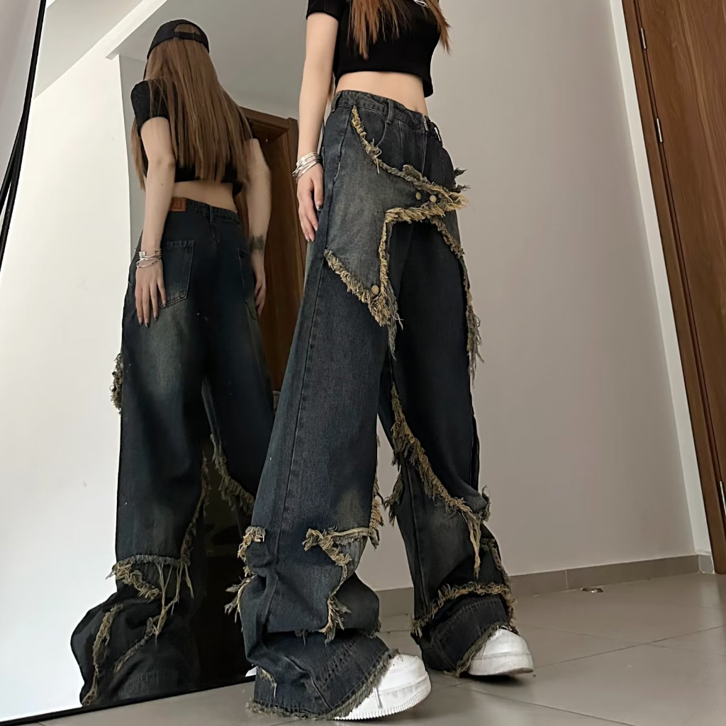 🍓American retro wide leg workwear jeans, women's summer high street niche design, straight leg pants