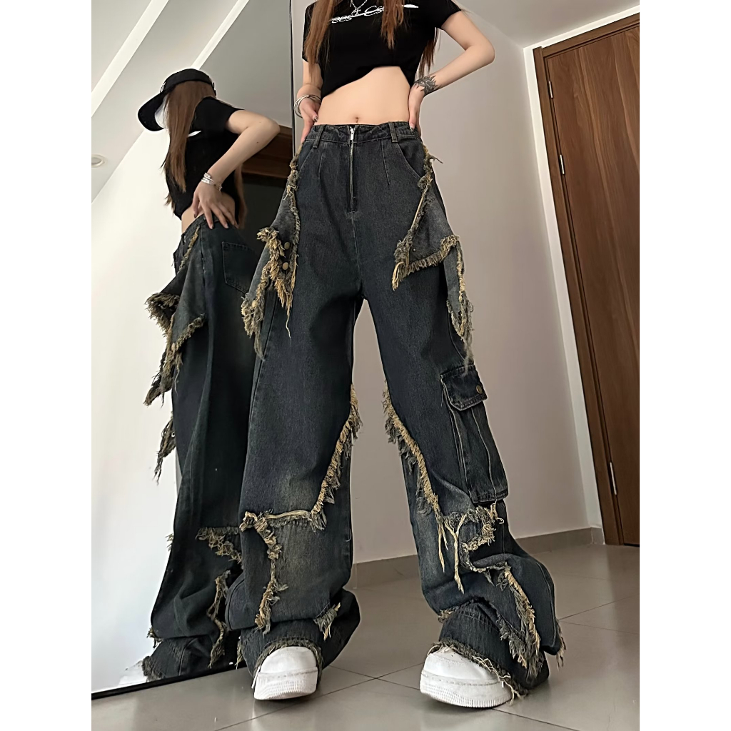 🍓American retro wide leg workwear jeans, women's summer high street niche design, straight leg pants