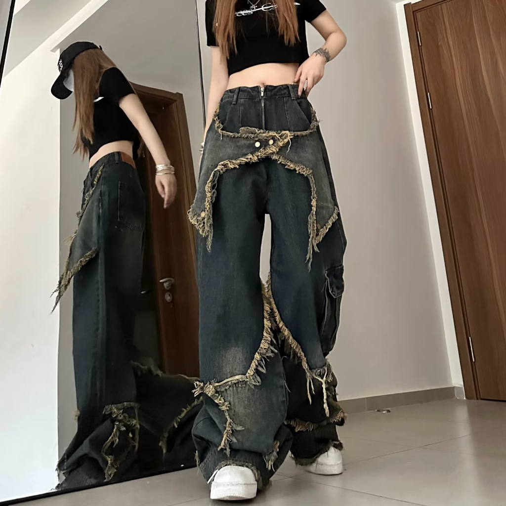 🍓American retro wide leg workwear jeans, women's summer high street niche design, straight leg pants