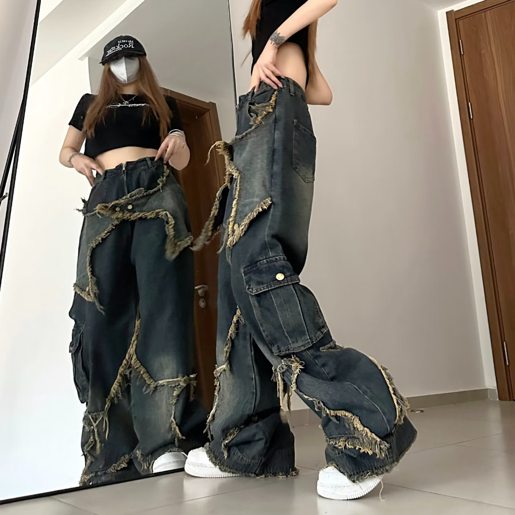 🍓American retro wide leg workwear jeans, women's summer high street niche design, straight leg pants