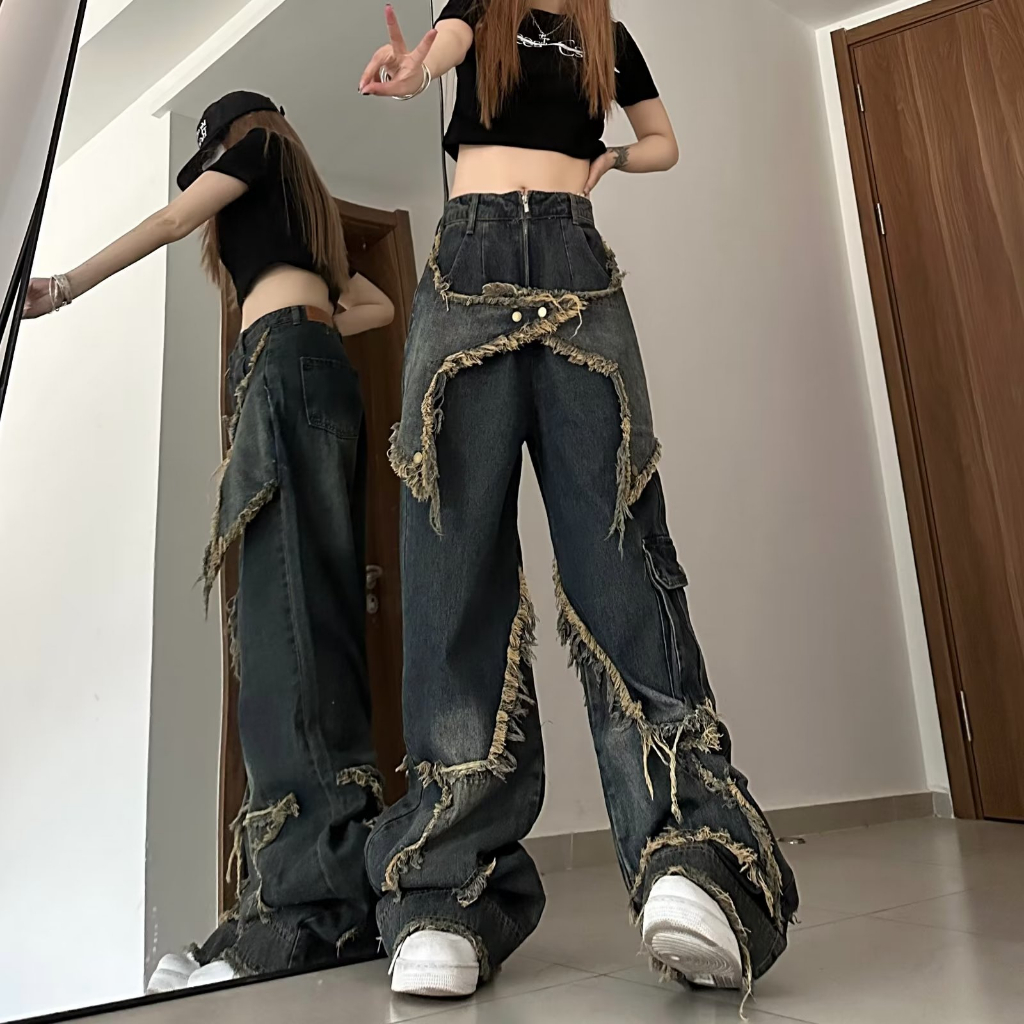 🍓American retro wide leg workwear jeans, women's summer high street niche design, straight leg pants