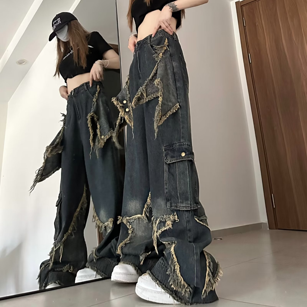 🍓American retro wide leg workwear jeans, women's summer high street niche design, straight leg pants