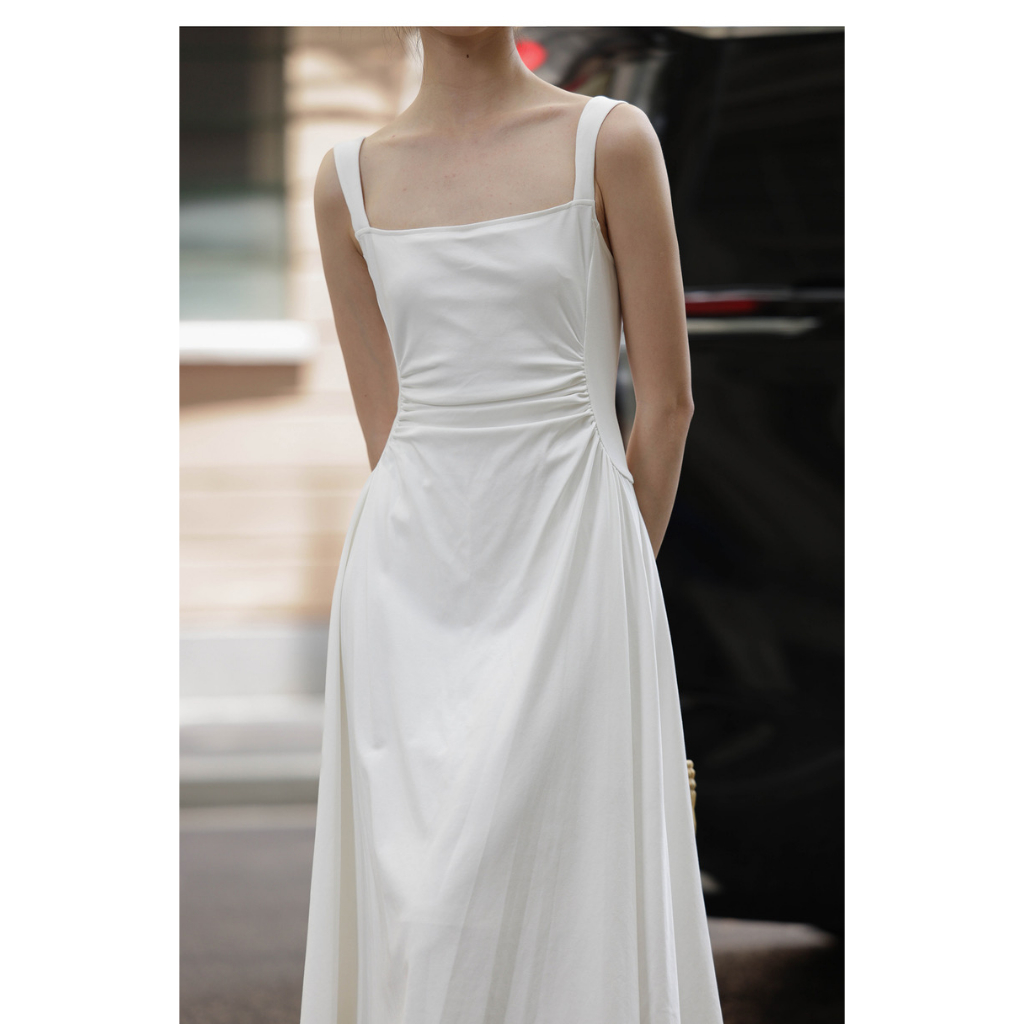 Đầm Trắng Sát Nách Vải Cotton Lụa Mềm Xếp Ly Thiết Kế Trang Nhã