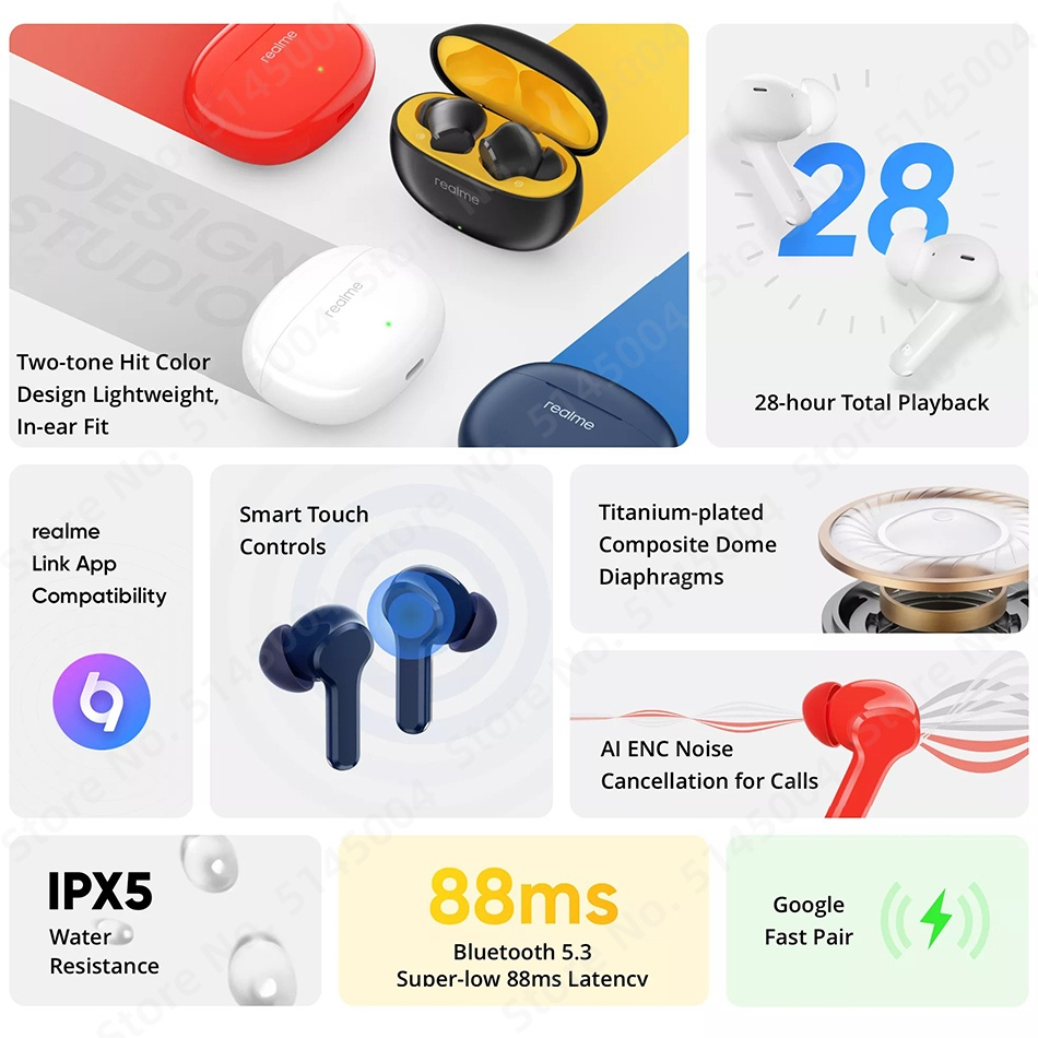 Tai Nghe Nhét Tai Bluetooth 5.3 Chống Ồn / Chống Thấm Nước IPX5 realme buds T100