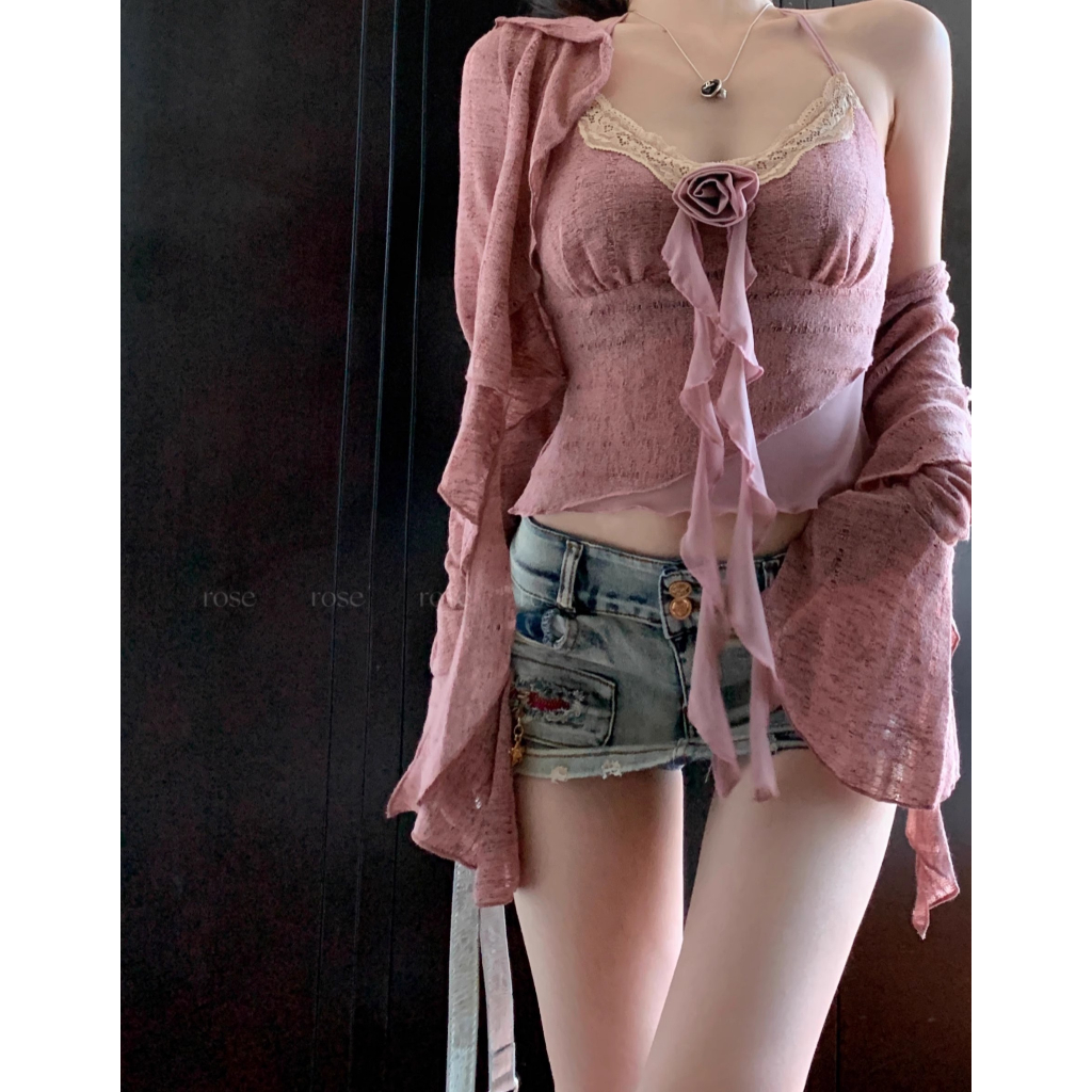 Bộ Áo Sweater Tay Dài Phối Bèo + Áo Hai Dây Thời Trang Mùa Hè Cho Nữ