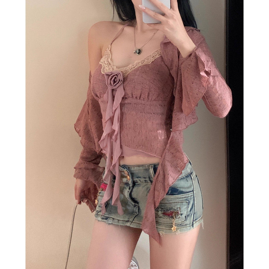 Bộ Áo Sweater Tay Dài Phối Bèo + Áo Hai Dây Thời Trang Mùa Hè Cho Nữ
