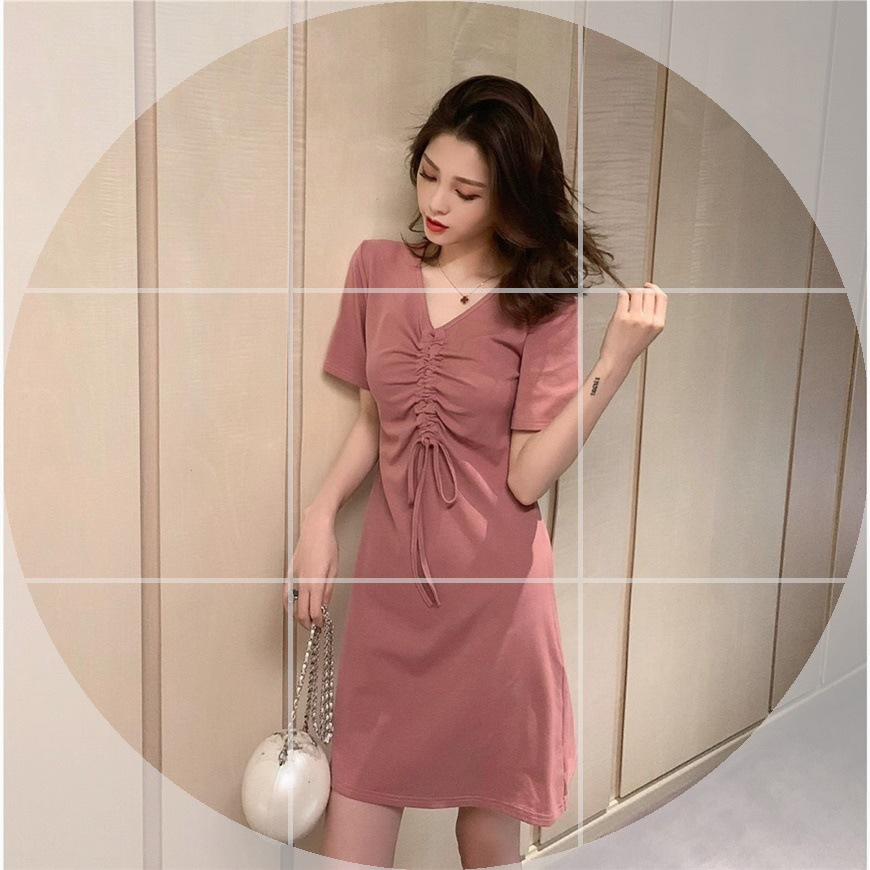 Đầm Nữ Tay Ngắn Cổ Chữ V Thời Trang Phong Cách Hàn Quốc
