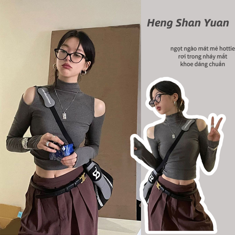 Áo Thun Tay Dài Cổ Cao Hở Vai Thời Trang Thu Đông Dành Cho Nữ